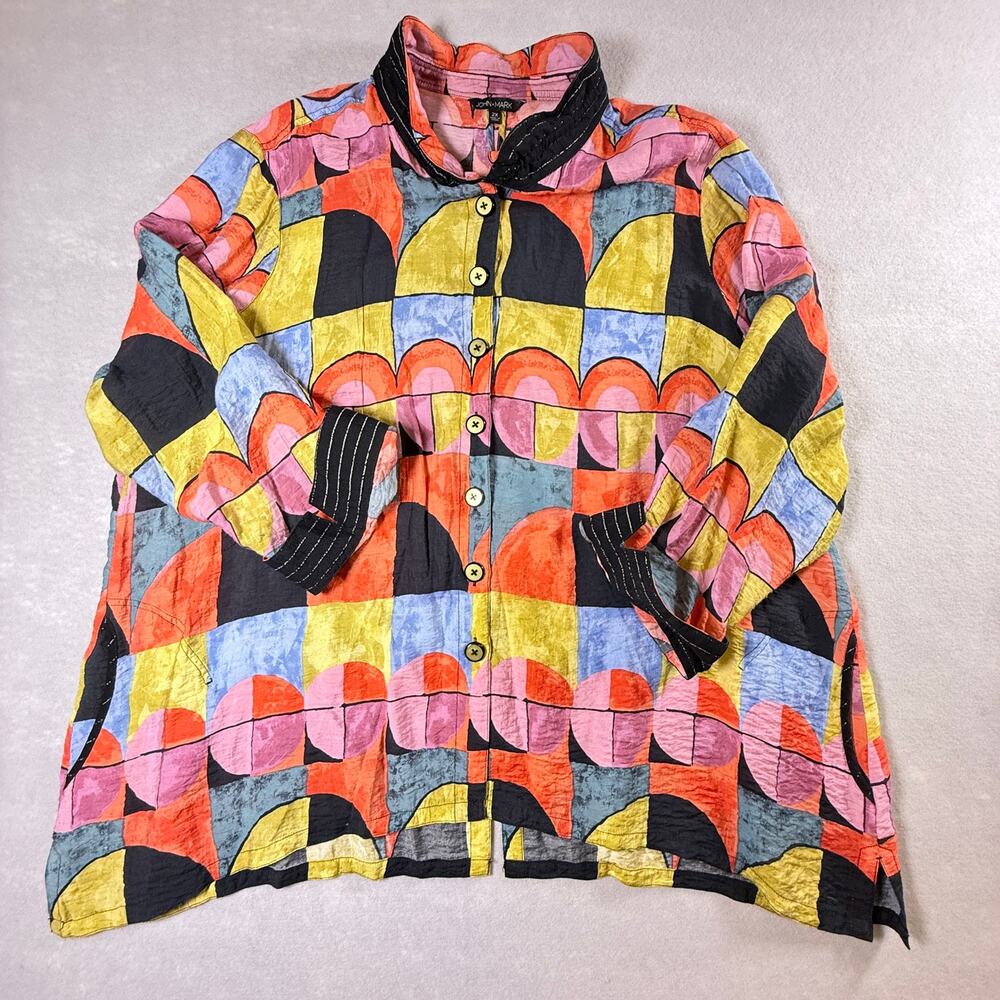John Mark multicolored abstract button up - bendable collar uneven hem size 2XL